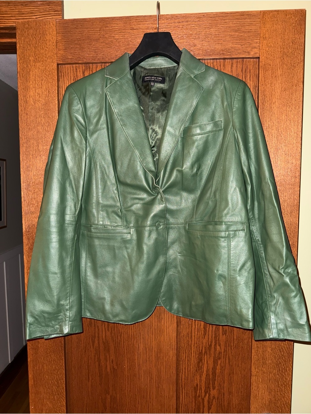 Jones New York Collection Woman 100% Leather Blazer Jacket Green Size 0XW